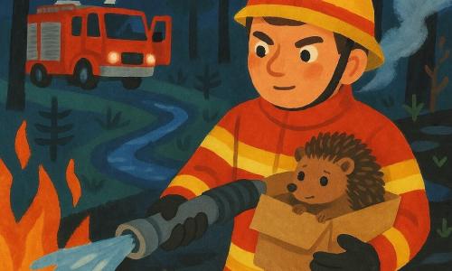 Un bombero llamado Martín, rostro redondo, cabello castaño corto, expresión decidida y amable, vestido con uniforme reflectante rojo y amarillo, sostiene una manguera dirigida al borde de un incendio forestal mientras sostiene contra el pecho una caja de cartón con un pequeño erizo marrón puntiagudo, asustado pero aliviado; al fondo, un camión de bomberos rojo brillante aparcado entre pinos con la puerta abierta y la luz encendida; bosque nocturno con luna llena amarillo pálido, troncos negros, suelo calcinado, frágiles brotes verdes y un pequeño río brillante; Martín riega las llamas naranjas y rojas, hace una zanja con una pala y esparce semillas de colores sobre la zona quemada, acción calma y protectora con humo blanco elevándose suavemente.