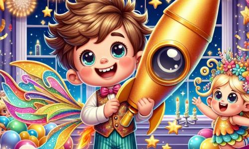 Ein 6-jähriger Junge, Max, mit zerzausten braunen Haaren und strahlenden Augen, steht in der Mitte des Bildes, mit einem großen Lächeln im Gesicht und hält eine wunderschöne goldene Rakete in seinen Händen. Neben ihm springt Funki, ein kleines feenhaftes Wesen mit glitzernden Flügeln und bunten Haaren, vor Freude, seine Augen leuchten vor Aufregung. Ihre Umgebung ist ein großer Festsaal, dekoriert mit bunten Girlanden, glänzenden Ballons und funkelnden Lichtern, die den Raum erhellen. Goldene und silberne Sterne schweben um sie herum und schaffen eine magische Atmosphäre. Die Hauptsituation zeigt Max und Funki, die bereit sind, die goldene Rakete zu starten, umgeben von der Aufregung der Silvesterfeier, während draußen durch das Fenster Feuerwerke den Himmel erleuchten.
