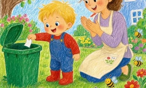 Een gelukkige, nieuwsgierige 2-jarige jongen, kort blond haar, mollig, ronde blauwe ogen, lacht breed en stopt een papiertje in een groene prullenbak; hij draagt een spijkeroverall en rode laarsjes. Naast hem staat zijn moeder (ongeveer 30), kastanjebruin haar in een knot, zacht gezicht, ze glimlacht en applaudisseert, draagt een licht schort en groene schoenen. Een kleine bruine slak met een beige schild ligt op het gras bij zijn voeten, met nieuwsgierige ogen en een glanzend spoor. Gele en zwarte bijen zoemen rond kleurrijke bloemen. Het is een huistentuin in de ochtend: groen gazon, bloemenperken (rood, geel, paars), een boom en een huis met witte ramen op de achtergrond. Hoofdsituatie: de jongen gooit papier in de prullenbak, moeder moedigt hem aan; zonnige, zachte kleuren, potloodtextuur, eenvoudige kinderlijke stijl.