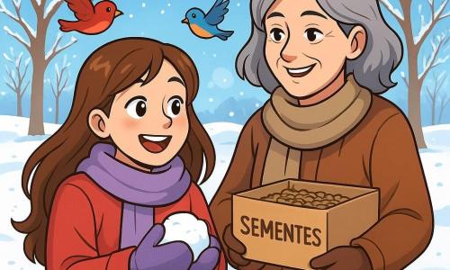 Uma menina de 12 anos, Sofia, com longos cabelos castanhos e bochechas rosadas, sorri alegremente segurando uma pequena bola de neve nas mãos. Ela veste um grosso casaco vermelho, um cachecol lilás e luvas de lã, com os olhos brilhando de felicidade. Ao lado dela, uma mulher de cerca de 50 anos, Dona Emília, com cabelos grisalhos e um sorriso caloroso, observa Sofia com carinho, segurando uma caixa de papelão cheia de sementes para os pássaros. A cena ocorre em um parque de inverno, onde o chão está coberto por uma espessa camada de neve cintilante sob o sol de inverno. Árvores despidas cercam o parque, com seus galhos adornados de geada brilhante. Sofia, maravilhada com a beleza do inverno, está prestes a lançar a bola de neve que criou, enquanto pássaros coloridos voam ao redor, atraídos pelas sementes que Dona Emília trouxe.