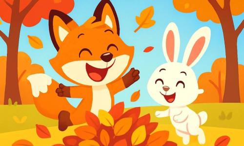 Um pequeno raposinho chamado Nico, com um pelo liso e brilhante de cor laranja vivo, pula alegremente em uma pilha de folhas coloridas, exibindo um grande sorriso e olhos brilhantes de excitação. Ao seu lado, uma coelhinha branca chamada Lila, com grandes orelhas e um olhar travesso, ri enquanto se prepara para pular nas folhas também. O cenário é um parque de outono, onde árvores majestosas se erguem, suas folhas vibrantes de vermelho, ouro e laranja caindo suavemente ao chão, criando um tapete cintilante. O céu é de um azul claro, salpicado de algumas nuvens brancas e fofas, e uma brisa suave faz as folhas dançarem ao redor deles. A cena mostra Nico e Lila se divertindo juntos, cercados pela beleza da natureza, enquanto se preparam para mergulhar nas folhas, cheios de alegria e entusiasmo.