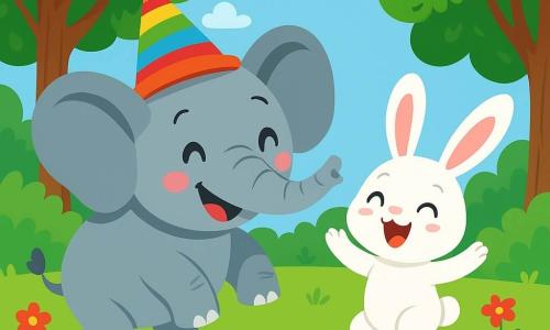 Een blije olifant genaamd Olly, met een grijze huid en grote oren, draagt een kleurrijke hoed die danst op zijn hoofd. Hij heeft een grote glimlach en sprankelende ogen van blijdschap terwijl hij zich voorbereidt om een grote damp te maken. Naast hem springt een klein konijn genaamd Karel, met een witte vacht en grote oren, van blijdschap en klapt in zijn handen, zijn ogen glinsterend van opwinding. Ze bevinden zich in een mooie open plek in het bos, omringd door groene bomen met glanzende bladeren en kleurrijke bloemen die in de wind dansen. In het midden van de scène bereidt Olly, met een grappige houding, zich voor om een grote dans te maken, klaar om zich voorover te buigen voor zijn damp, terwijl Karel enthousiast aanmoedigt.