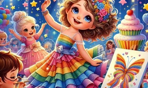 A 5-year-old girl named Lucy, with beautiful curly hair and sparkling eyes, wears a rainbow dress that twirls around her as she dances with a big smile on her face. Next to her, Jamie, a 6-year-old boy with brown hair and round glasses, throws paper stars in the air, laughing with joy. Mia, a 5-year-old girl with golden braids and a colorful dress, paints butterfly wings on a canvas, focused yet smiling. The setting is a magical carnival, filled with bright colors: balloons float in the air, twinkling light garlands, and a cupcake-shaped inflatable castle stands in the background, surrounded by children's laughter. The main scene shows Lucy and her friends joyfully dancing, surrounded by colorful games and sweet treats, celebrating friendship and the magic of the carnival under a starry sky.