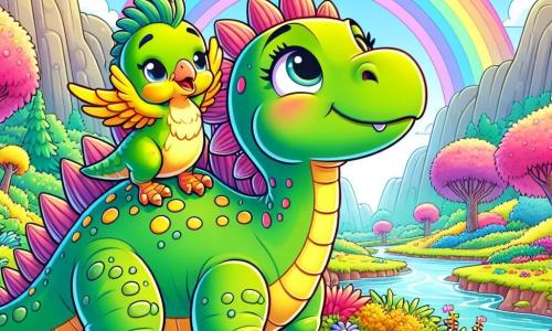 Ein Stegosaurus namens Stella, mit leuchtend grüner Haut und großen, spitzen Platten auf ihrem Rücken, zeigt Neugier und Freude, während sie ein wunderschönes, buntes Tal erkundet. Neben ihr befindet sich ein kleiner Velociraptor namens Vinnie, mit gelben Federn und einem dankbaren Blick, der sich an ihren Rücken klammert, bereit, diesen neuen Ort zu entdecken. Der Ort ist ein zauberhaftes Tal, gefüllt mit Bäumen mit rosa Stämmen, bunten Blumen und einem kleinen, glitzernden Bach, der sich durch die Landschaft schlängelt. Die Hauptsituation zeigt Stella und Vinnie, die vor einem wunderschönen Regenbogen staunen, der sich über ihnen abzeichnet und ihre neue Freundschaft sowie die Abenteuer symbolisiert, die sie erwarten.