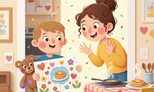 A joyful, proud 4-year-old boy with short light-brown hair, round cheeks and glitter on his hands holds a large colorful drawing covered in hearts and glitter; a smiling, warm mother (about 30–35) with dark curly hair in a bun stands in the kitchen doorway, surprised and leaning toward him; a slightly worn brown teddy (Benny) tucked under the boy’s arm watches with a sewn tag and a purple marker stain; the bright cozy kitchen has a light wooden table with a red-checkered cloth, a smoking pan and a plate of golden pancakes on the counter; the boy offers his card decorated with drawings, flowers and a small pancake picture, the mother has her hands raised in wonder, and confetti and glitter float in the air, creating a cozy festive atmosphere.