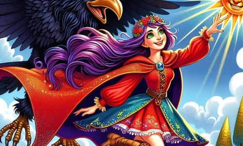 Zâna Zbum-Zbum este o femeie veselă, cu o pelerină roșie strălucitoare care strălucește sub un soare orbitor. Părul ei mov lung flutură în vânt, iar ochii verzi strălucesc de energie. Ea zâmbește cu hotărâre, pregătită să înfrunte pericolul. Lângă ea, Bum-Bum, pasărea uriașă, este masivă și amenințătoare, cu pene negre și ochi pătrunzători care scânteiază de răutate. Cerul este de un albastru profund, presărat cu nori albi pufosi, iar solul este acoperit de flori colorate care dansează în ritmul vântului. Scena se desfășoară într-un parc magic, plin de copaci cu trunchiuri aurii și pârâuri strălucitoare. Zâna Zbum-Zbum se avântă în aer, pregătită să apere soarele de Bum-Bum, care se pregătește să o prindă cu ghearele sale ascuțite.