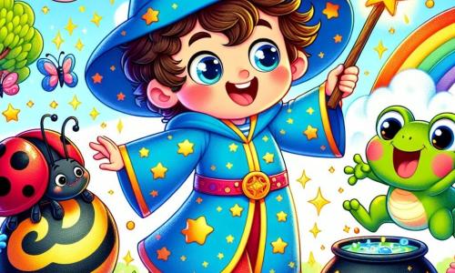No centro da imagem, um jovem garoto chamado Léo, um aprendiz de bruxo de 8 anos, com cabelos desgrenhados e olhos brilhantes de curiosidade, dança alegremente ao redor de um grande caldeirão colorido. Ele usa uma robe de bruxo azul decorada com estrelas douradas e segura uma varinha mágica cintilante, com um grande sorriso no rosto, expressando excitação e alegria. Ao lado dele, uma pequena joaninha vermelha com manchas pretas, sua fiel amiga, voa em círculos, suas asas brilhantes capturando a luz do sol. Um pouco mais longe, um sapo saltitante, de cor verde vivo, pula animadamente, seus olhos redondos e travessos mostrando diversão. O cenário se passa no Parque dos Risos, um lugar encantador cheio de árvores de troncos coloridos e flores de pétalas vibrantes. Pássaros risonhos voam no céu azul, enquanto nuvens fofas flutuam, criando uma atmosfera mágica e alegre. A cena principal mostra Léo lançando sua poção de risada no ar, provocando uma chuva de risos e cores brilhantes que envolvem todos os personagens, criando uma atmosfera de festa e felicidade contagiosa.