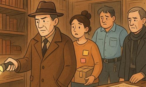Un detectiv serin dar concentrat, față cu câteva riduri simpatice, palton maro lung și pălărie fedora, ține o lanternă care luminează un raft gol din bibliotecă; postură atentă, sprâncene ușor încruntate. Vali, paznic de circa 45 de ani, robust, uniformă albastru deschis ușor șifonată, privește vinovat și jenat spre podea, lângă o ușă de depozit întredeschisă, cheile agățate de brâu. Irina, stagiară de aproape 20 de ani, păr șaten prins într-un coc dezordonat, ținută casual cu post-it colorate pe buzunar, ține o cutie mică de carton sigilată cu bandă, la câțiva pași de detectiv, confuză. Profesorul Dima, în jur de 50 de ani, elegant în vestă gri închis și eșarfă, are o pată albă de cretă pe mânecă și stă ușor retras lângă o masă cu o hartă mare pliată. Loc: interiorul unei biblioteci vechi cu rafturi din lemn închis, tâmplărie uzată, lumină chihlimbar a lampilor, praf vizibil în fasciculul lanternei; o masă mică cu tablă mobilă acoperită de desene în cretă și o cutie goală pe podea. Situație: detectivul descoperă un spațiu gol pe un raft unde lipsește un atlas vechi; indicii vizuale — o zgârietură proaspătă pe marginea raftului, praf alb de cretă pe podea, o bandă adezivă mototolită — personajele exprimă rușine, confuzie și neliniște; compoziție centrată pe raftul gol luminat, expresii clare, culori calde și contraste blânde, stil simplu și jucăuș cu mici doodle suprapuse (lupă, urme, săgeți).