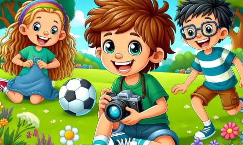 Um garoto de 10 anos, Lucas, com cabelos castanhos bagunçados e olhos brilhantes de curiosidade, está sentado na grama verde do parque, com um grande sorriso no rosto. Ele segura uma câmera nas mãos, pronto para capturar um momento alegre com seus amigos. Ao lado dele, Ana, uma menina de 9 anos com cabelos longos e loiros trançados, ri enquanto segura uma bola de futebol, prestes a lançá-la para Lucas. Outro garoto, Max, de 10 anos, com óculos e cabelos negros, está um pouco afastado, procurando flores coloridas para uma caça ao tesouro. O parque é iluminado e acolhedor, com grandes árvores de folhas verdes, flores multicoloridas espalhadas pela grama e um céu azul com nuvens brancas fofas. A cena principal mostra Lucas e seus amigos se divertindo juntos, longe das telas, aproveitando a natureza e a amizade, com uma atmosfera alegre e dinâmica que ilustra sua felicidade em brincar juntos.