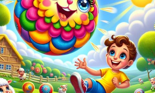 Mărioara, o mingea drăguță colorată cu motive florale strălucitoare, se rostogolește vesel pe iarba verde, afișând un zâmbet mare plin de fericire. Lângă ea, Andrei, un băiat cu părul brunet și creț, purtând un tricou galben aprins și o pereche de pantaloni scurți albaștri, râde cu poftă, ochii lui strălucind de bucurie în timp ce aruncă Mărioara în aer. În fundal, o fermă pitorească se ridică cu animale prietenoase: o capră curioasă și mieii jucăuși, toate sub un cer albastru azuriu presărat cu nori albi pufoși. Scena se desfășoară într-un parc însorit, plin de flori colorate și copaci verzi, creând o atmosferă veselă și primitoare. Situația principală arată competiția de sărituri dintre Mărioara și Andrei, unde Mărioara se ridică în aer, în timp ce Andrei aplaudă cu entuziasm, înconjurați de râsete și fericire.