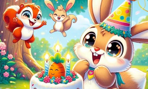 Benny, an adorable rabbit with big ears and soft brown fur, is at the center of the image, his eyes shining with excitement and a big smile on his face. He wears a colorful party hat and holds a slice of carrot cake in his paws, ready to enjoy it. Next to him, Lila, a small squirrel with sparkling eyes and red fur, jumps for joy, her arms raised in celebration. She also wears a party hat and looks thrilled to share this special moment with her friend. The setting is a beautiful clearing under a large oak tree, decorated with colorful flower garlands and balloons floating in the air. A large carrot-shaped birthday cake sits on a checkered tablecloth, surrounded by treats and toys. The scene captures the moment when Benny blows out his birthday candles, surrounded by his friends, filled with joy and laughter, illustrating the magic of an unforgettable birthday party.