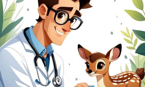 Der Hauptcharakter, Dr. Ben Meier, ist ein Mann in seinen Dreißigern mit leicht lockigem braunem Haar und runden Brillen, die ihm ein freundliches Aussehen verleihen. Er trägt einen weißen Veterinärkittel und ein Stethoskop um den Hals, und sein Gesicht zeigt große Konzentration und Freundlichkeit, während er ein verletztes Rehkitz untersucht. Zu den Nebencharakteren gehört Anna, ein 8-jähriges Mädchen mit langen geflochtenen blonden Haaren, die neugierig und besorgt auf das kleine Tier schaut, neben Ben stehend. Neben ihr steht Lukas, ein 9-jähriger Junge mit Sommersprossen und zerzausten Haaren, der ein hundeförmiges Plüschtier hält und die Szene mit weit aufgerissenen Augen bestaunt. Die Szene spielt im grünen Garten von Frau Müller, der mit bunten Blumen und Sträuchern gefüllt ist, mit einem Holzzaun hinter ihnen. Im Hintergrund sieht man eine große Eiche, die Schatten spendet und eine friedliche, einladende Atmosphäre schafft. Die Hauptsituation zeigt Dr. Ben, der das verletzte Rehkitz behandelt, während Anna und Lukas fasziniert zuschauen und lernen, wie wichtig es ist, sich um Tiere zu kümmern.