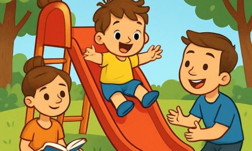 Ein kleiner Junge von 2 Jahren mit zerzausten braunen Haaren und großen, strahlenden Augen rutscht mit einem breiten Lächeln auf einer leuchtend roten Rutsche in einem sonnigen Park. Neben ihm sitzt seine Mutter, eine lächelnde Frau von etwa 30 Jahren mit braunen, zu einem Dutt gebundenen Haaren, auf einer karierten Decke, hält ein aufgeschlagenes Buch und schaut liebevoll zu ihrem Sohn. Sein Vater, ein etwa 32 Jahre alter Mann mit kurzen Haaren und einem blauen T-Shirt, steht bereit, den Jungen am Ende der Rutsche aufzufangen und lacht vor Freude. Der Park ist von üppigem Grün umgeben, mit großen Bäumen, bunten Blumen, die im Wind tanzen, und einem klaren blauen Himmel mit einigen flauschigen weißen Wolken. Die Hauptszene zeigt den kleinen Jungen, der auf der Rutsche Spaß hat, umgeben von Lachen und Freude, während seine Familie einen schönen Sommertag zusammen genießt.