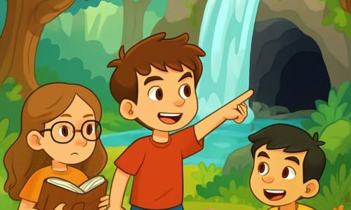 Hay 3 personajes: - Pablo: un niño de 10 años, con cabello castaño despeinado y ojos brillantes de curiosidad. Lleva una camiseta roja y un pantalón corto azul, y se encuentra en el centro, señalando hacia la cueva con una expresión decidida. - Sofía: una niña de 9 años, con cabello largo y ondulado de color castaño claro, que lleva gafas. Está a la izquierda de Pablo, sosteniendo un libro antiguo en sus manos, con una expresión concentrada en su rostro. - Mateo: un niño de 10 años, con cabello negro y una sonrisa amigable. Usa una muleta para moverse y está a la derecha de Pablo, mirando la cueva con una mezcla de emoción y aprensión. El lugar se desarrolla en un bosque encantado, donde grandes árboles con troncos retorcidos se elevan hacia el cielo, sus hojas verdes filtrando la luz del sol. Al fondo, una cascada brillante desciende por las rocas, creando un pequeño lago de aguas cristalinas. Justo detrás de la cascada, se esconde una cueva oscura y misteriosa, rodeada de helechos exuberantes y flores coloridas. La situación principal de la historia muestra a los tres amigos, decididos a descubrir la verdad sobre el Gran Lobo Malo, acercándose a la cueva. Se intercambian miradas llenas de valentía, listos para enfrentar lo desconocido, con el sonido apacible de la cascada de fondo.