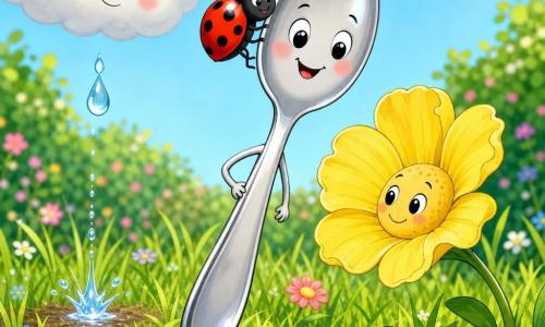Personaje principal: una cucharita antropomórfica de metal brillante, rostro redondo y sonriente, grandes ojos, mejillas rosadas, camina con delicadeza en la hierba apuntando la punta al suelo. Personaje secundario 1: una mariquita roja con puntos negros que sube alegre por el mango cerca de la cabeza. Personaje secundario 2: una flor amarilla de amplia corola con rostro sonriente, pétalos algo arrugados, inclinada hacia la cucharita. Personaje secundario 3: una nube blanca y esponjosa arriba a la izquierda con mirada benigna que deja caer una gota que hace un pequeño brillo en la tierra. Lugar: jardín primaveral luminoso con césped verde denso, flores pequeñas y fondo desenfocado. Situación: la cucharita explora, toca una brizna con la punta, la mariquita asciende, la flor sonríe y la gota forma un charco brillante junto a sus pies. Estilo: colores vivos y pastel, contornos suaves y claros, texturas simples y expresiones exageradas aptas para niños pequeños, composición centrada en la cucharita.