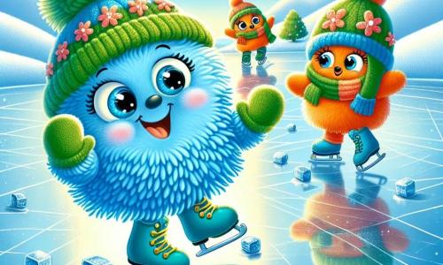 Un guanto di lana blu vivo con un polsino rosso, pieno di gioia ed eccitazione, scivola su un lago ghiacciato, le sue piccole mani di lana si allungano felicemente mentre danza sul ghiaccio. Vicino, un guanto verde con motivi floreali, sorridente e incoraggiante, applaude con entusiasmo, mentre un guanto arancione, un po' timido ma curioso, osserva con occhi brillanti, pronto a unirsi alla danza. Il contesto è un magnifico lago ghiacciato circondato da montagne innevate, sotto un cielo blu chiaro punteggiato di nuvole bianche e soffici, dove la luce del sole scintilla sulla superficie del ghiaccio, creando riflessi luccicanti. La scena rappresenta un momento magico di cameratismo e gioia, dove i guanti si uniscono per danzare e divertirsi insieme sul ghiaccio, celebrando lo spirito dell'inverno.