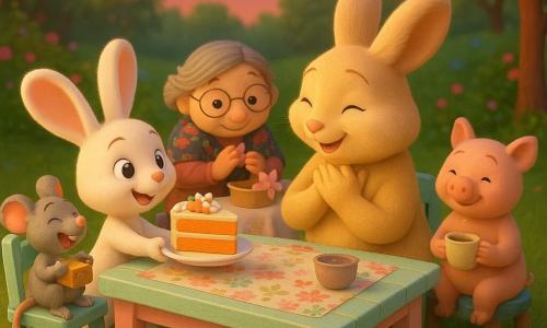 Coniglio Piuma, un piccolo coniglio bianco dalle grandi orecchie e occhi lucenti, offre delicatamente una fetta di torta di carote decorata a Mamma Coniglia, una dolce coniglia beige seduta al tavolo con le mani vicino al cuore; intorno a loro gli amici — Topo Pepe, una piccola topo grigia che ride tenendo una scatola di biscotti, Nonna Tilda, una topolina anziana con gli occhiali che aggiunge decorazioni di carta, e Porcellino Berto, un maialino rosa timido con una tazza di tè — applaudono in un giardino luminoso con una lunga tavola dipinta pastello, tovaglie floreali, ghirlande di fiori di carta tra due alberi, cuscini sull'erba e lanterne che cominciano a brillare sotto un cielo rosa al crepuscolo, in uno stile cartoonesco dai colori pastello e atmosfera calda e accogliente.