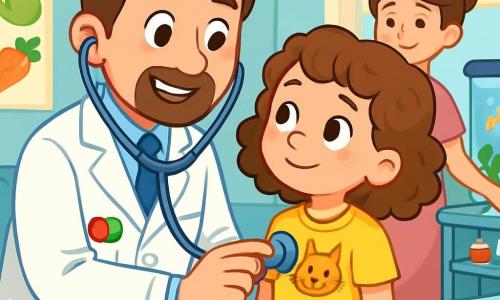 Un medico, il dottor Luca, è in piedi in uno studio medico luminoso, con un sorriso caloroso e occhi brillanti di benevolenza. Indossa un camice bianco impeccabile, uno stetoscopio attorno al collo e cerchi colorati nella tasca. Sta ascoltando il cuore di una bambina, Leo, di circa 7 anni, con una fasciatura al ginocchio. Leo ha capelli ricci e indossa una maglietta gialla con un disegno di gatto. Guarda il dottore con curiosità e un leggero sorriso, seduta su un lettino.

Nel fondo, l'infermiera Maria, una donna di circa 30 anni con capelli castani raccolti in uno chignon, prepara forniture mediche su un carrello. Indossa un camice rosa e sorride guardando il dottore e Leo.

Il luogo è uno studio medico accogliente, con pareti dipinte di azzurro chiaro, poster colorati di frutta e verdura, e un acquario pieno di pesci colorati che nuotano pacificamente.

La scena principale mostra il dottor Luca che rassicura Leo, spiegandole con dolcezza come la aiuterà a guarire il ginocchio, creando un'atmosfera di fiducia e calore.