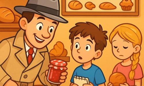 Un detective sorridente e curioso indossa un cappello di feltro grigio e un trench beige. I suoi occhi brillano di eccitazione mentre osserva attentamente un barattolo di marmellata su uno scaffale. Accanto a lui, un ragazzo di circa 10 anni, con capelli castani disordinati e una maglietta blu, guarda affascinato il detective, tenendo un piccolo quaderno in mano. Più in là, una ragazza di 8 anni, con capelli biondi intrecciati e un vestito rosa, si tiene timidamente con gli occhi bassi, stringendo un cornetto. La scena si svolge in una deliziosa panetteria, con scaffali di legno pieni di pani dorati e pasticcini colorati, e un dolce profumo di pane caldo nell'aria. In fondo, un'insegna di legno dice "Panetteria di Alfredo" con decorazioni di pane e dolci. Il detective esamina il barattolo di marmellata, intrigato dal mistero della sua posizione, mentre i due bambini lo osservano curiosi, pronti a scoprire la verità dietro questo piccolo mistero.