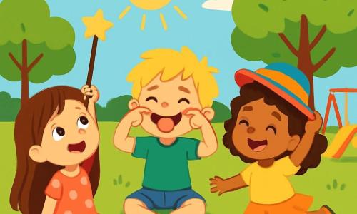 Ci sono 3 personaggi: - Anna: una ragazza di 6 anni con lunghi capelli castani e occhi scintillanti. Indossa un vestito rosa a pois e tiene una bacchetta magica in mano, guardando il cielo con meraviglia. - Luca: un ragazzo di 6 anni con capelli biondi arruffati e un grande sorriso. Indossa una maglietta verde e pantaloni corti blu, facendo una smorfia divertente ai suoi amici. - Mia: una ragazza di 6 anni con capelli ricci e un cappello colorato. Indossa una gonna gialla e sandali, ballando felicemente sull'erba. I tre amici si trovano in un parco soleggiato, circondati da alberi verdi con foglie brillanti e fiori colorati che danzano nel vento. La scena principale mostra i tre amici seduti sull'erba, ridendo insieme dopo aver 