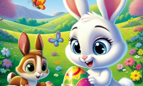 Un pequeño conejo blanco con grandes orejas, llamado Maxi, se encuentra en el centro de la imagen, con ojos brillantes de curiosidad y una sonrisa maravillada. Sostiene un huevo de Pascua de colores vivos que cambia de tono, como un arcoíris en movimiento. A su derecha, una conejita llamada Lila, con pelaje rosa y gafas redondas, mira a Maxi con una expresión intrigada, con las orejas en alto. A su izquierda, Bruno, un conejo marrón con patas grandes, muestra una expresión de emoción, con los ojos muy abiertos, mientras señala el misterioso huevo. El escenario es un prado verde, salpicado de flores coloridas y mariposas revoloteando bajo un cielo azul claro. A lo lejos, se ven árboles en flor y suaves colinas. La situación principal muestra a Maxi descubriendo el papel brillante dentro del huevo, mientras sus amigos lo observan con fascinación, listos para vivir una nueva aventura de Pascua.