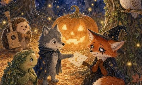 Un pequeño lobo llamado Lino, pelaje gris y ojos brillantes, ofrece un papel decorado con lunas y estrellas a un zorro rojizo llamado Zuri, de orejas puntiagudas y maquillaje de mago, sentado junto a un tronco y aceptando la nota con una sonrisa; a la izquierda una tortuga de caparazón verde cubierta de hiedra observa tranquila, detrás un erizo de púas marrones con una guitarra de papel sonríe y a la derecha una lechuza blanca moteada vigila desde una rama; en una clariana del Bosque Susurrante alfombrada de hojas otoñales una gran calabaza tallada emite una luz cálida con luciérnagas flotando, sombras de disfraces bailan sobre las hojas y la escena transmite amistad y coraje; estilo acuarela otoñal (ocre, cobre, verde musgo, azul noche) con textura de papel y brillos en gel blanco para las luces y las luciérnagas.