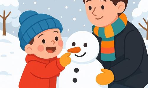 Un niño de 2 años, con mejillas rosadas y ojos brillantes de alegría, lleva un abrigo rojo brillante, un gorro azul y guantes amarillos. Está haciendo una bola de nieve, sonriendo con asombro. A su lado, su mamá, una mujer de unos 30 años con el cabello castaño recogido en un moño, lo observa con ternura mientras lleva un abrigo negro y una bufanda colorida. La escena tiene lugar en un jardín nevado, donde copos de nieve caen suavemente del cielo gris claro. Los árboles están cubiertos de una gruesa capa de nieve, y el suelo es una alfombra blanca y brillante. El niño se divierte creando un muñeco de nieve, riendo alegremente mientras coloca una zanahoria para la nariz y piedras para los ojos, rodeado de un paisaje invernal mágico.