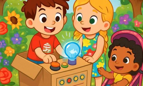 Ci sono 3 personaggi: - Luca: un bambino di quasi 4 anni, con capelli castani disordinati e occhi pieni di curiosità. Indossa una maglietta rossa con un piccolo robot e pantaloni corti blu. È seduto in una grande scatola di cartone, con le mani sui pulsanti della macchina del tempo. - Mia: una bambina di quasi 4 anni, con lunghi capelli biondi intrecciati e occhi verdi brillanti. Indossa un vestito a fiori colorati e sandali. È accanto a Luca, guardando con meraviglia la lampada blu che brilla nella scatola. - Samira: una bambina di quasi 4 anni, con capelli neri ricci e occhi marroni dolci. È in una bella carrozzina rosa, sorridente e attenta. Tende la mano verso Luca e Mia, pronta a unirsi a loro nell'avventura. La scena si svolge in un giardino magico, pieno di fiori dai colori vivaci, come rose rosse, girasoli gialli e violette. Gli alberi hanno foglie brillanti che scintillano al sole, e un piccolo sentiero di pietre bianche si snoda attraverso il giardino. In lontananza, un cielo azzurro chiaro è punteggiato di nuvole soffici. I tre amici sono nella loro macchina del tempo, pronti per un'avventura. Luca preme il pulsante rosso, mentre Mia e Samira guardano con eccitazione. La luce della lampada blu illumina i loro volti gioiosi e il giardino intorno a loro sembra vibrare di energia e magia.