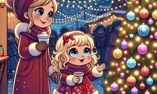 Ein einjähriges Mädchen mit großen leuchtenden Augen und lockigem blonden Haar steht in der Mitte der Szenerie, mit einem staunenden Lächeln auf ihrem Gesicht, während sie einen wunderschönen Weihnachtsbaum betrachtet, der mit funkelnden Lichtern und bunten Kugeln geschmückt ist. Neben ihr steht ihre Mutter, eine etwa 30-jährige Frau mit braunen, zu einem Dutt gebundenen Haaren und einem roten Mantel, die sie liebevoll ansieht. Sie hält eine Tasse heißen Schokolades in einer Hand und streckt die andere Hand nach ihrer Tochter aus. Die Kulisse ist ein charmanten Weihnachtsmarkt, gefüllt mit Holzständen, die mit Lichtern geschmückt sind, sanft fallenden Schneeflocken und dem Duft von Lebkuchen in der Luft. Bunte Lichter erhellen die gesamte Umgebung und schaffen eine warme, festliche Atmosphäre. Das kleine Mädchen, fasziniert von den Lichtern des Baumes, dreht sich zu ihrer Mutter, um ihr seine Begeisterung zu zeigen, während eine Gruppe fröhlicher Menschen hinter ihnen vorbeigeht und zur festlichen Stimmung des Marktes beiträgt.