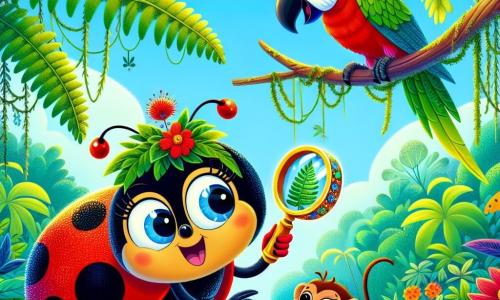 Una coccinella di nome Lulù, con un corpo rosso vivo punteggiato di piccoli punti neri lucenti, mostra grande determinazione sul suo volto sorridente. Tiene una piccola lente fatta di una goccia di rugiada e di una foglia di felce, scrutando attentamente il terreno in una postura d'indagine. Nelle vicinanze, un vecchio pappagallo di nome Paco, con piume verdi e gialle brillanti, sembra sollevato e felice, posato su un ramo, pronto a cantare. Una piccola scimmia di nome Tita, con pelo marrone e occhi scintillanti, salta intorno a Lulù, incoraggiando i suoi amici ad aiutarla nella sua ricerca. La scena si svolge in una magnifica giungla colorata, piena di liane intrecciate, fiori vivaci e alberi maestosi, sotto un cielo blu luminoso. La situazione principale mostra Lulù, la coccinella, intenta a risolvere il mistero della perdita del prezioso cappello di piume del pappagallo, circondata dai suoi amici animali, tutti uniti in un'avventura emozionante.