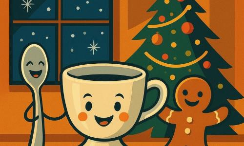 La protagonista es una pequeña taza brillante llamada Lulú, sonriente y levantando su asa como un brazo; a su izquierda está la cucharita, una cuchara plateada y risueña inclinada como si riera; a la derecha baila una galleta de jengibre con ojos de azúcar y brazos de glaseado; la escena transcurre sobre una mesa frente a un árbol de Navidad decorado, la noche nevada se ve por la ventana y una luz cálida ilumina la mesa; los tres dan una ronda alegre alrededor del árbol en una ambientación festiva, colores vivos y formas depuradas estilo art déco.