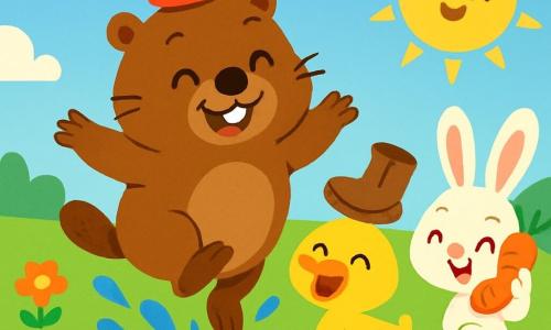 A joyful marmot with soft brown fur and sparkling mischievous eyes, wearing a small red hat, jumps into a shiny puddle, splashing water around her. Next to her, a bright yellow duckling with an orange beak, laughing, wears a shoe on its head, adding a touch of whimsy to the scene. Not far away, a small rabbit with large white ears and silky fur, smiling, holds a carrot-shaped phone, ready to make a joke. The scene takes place in a green meadow sprinkled with colorful flowers under a bright blue sky, where the sun shines cheerfully. Milo, the marmot, splashes water while laughing with her friends, creating an atmosphere of joy and camaraderie.