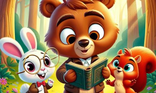 Téo, um pequeno urso marrom com grandes olhos curiosos e um sorriso travesso, está no centro da cena, segurando um velho livro empoeirado com uma expressão de excitação e descoberta. À sua direita, Lila, uma coelhinha branca vaidosa com óculos redondos e orelhas em pé, observa o livro com admiração, pronta para compartilhar suas ideias. À esquerda, Max, um esquilo de pelagem ruiva, pula de alegria, sua cauda em forma de leque balançando atrás dele, exibindo um sorriso orgulhoso. A cena acontece em uma clareira ensolarada do Bosque Encantado, cercada por árvores majestosas com folhas verdes brilhantes, enquanto raios de sol filtram pelas ramas, criando uma atmosfera mágica. No chão, flores coloridas adicionam um toque alegre ao ambiente. Téo, Lila e Max acabaram de descobrir o livro misterioso escondido sob uma pedra, e seu entusiasmo é palpável enquanto se preparam para desvendar o mistério do Bosque.