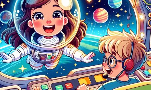 Uma astronauta chamada Sara flutua alegremente em sua nave espacial. Ela usa um traje espacial branco brilhante, com um capacete transparente que revela seu grande sorriso e seus olhos brilhando de excitação. Seus cabelos castanhos flutuam ao seu redor como algas na água. Ao lado dela, um menino de 8 anos, com óculos e cabelos loiros bagunçados, fala em um microfone. Ele está sentado diante de uma tela de controle, com os olhos arregalados de curiosidade. A nave espacial está cheia de botões coloridos e luzes cintilantes. Através da grande janela, vê-se um céu estrelado, com planetas de cores vivas, como o azul profundo da Terra e o vermelho vibrante de Marte. A cena principal mostra Sara flutuando, rindo e apontando as estrelas para seu jovem amigo, enquanto compartilham um momento de descoberta e maravilha na imensidão do espaço.