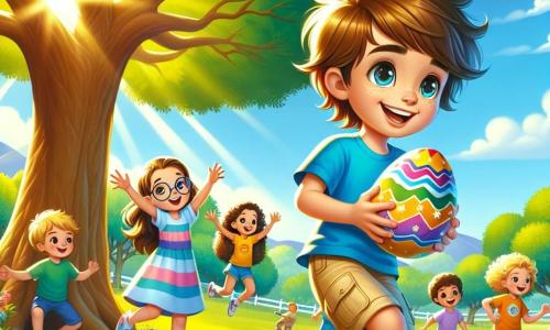 A 12-year-old boy named Henry, with messy brown hair and sparkling curious eyes, stands in front of a majestic oak tree in a sunny park. He wears a bright blue t-shirt and beige shorts, displaying a wide smile of excitement as he holds a brightly decorated egg in his hands. Next to him, Mia, an 11-year-old girl with a brown ponytail and round glasses, jumps for joy with her arms raised, full of energy and happiness. A little further away, Sam, a 12-year-old boy with blonde hair and glasses, leans forward, examining the ground with a focused expression, while Lily, a 10-year-old girl with curly hair and a radiant smile, watches in wonder with her hands on her hips. The park is filled with vibrant colors, blooming flowers, families on picnic blankets, and balloons floating in the air. The sky is bright blue, dotted with a few fluffy white clouds. The main scene shows Henry and his friends discovering a sparkling magical egg hidden under the roots of the grand oak, surrounded by a festive and joyful atmosphere, symbolizing the spirit of Easter.