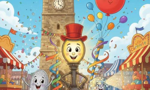 Lenny is an antique, patinated metal anthropomorphic lamppost with a round smiling face, large bright eyes and a red top hat, leading the parade at the front with a warm yellow halo; Sparkle, a small oval sequined character covered in silver glitter, to Lenny’s left, tosses shimmering sequins over the crowd; Twirl, a long silky rainbow ribbon, gracefully twirls in the air, winding around a post behind Lenny; Bounce, a large round smiling bright red balloon, floats above the group releasing a shower of small colorful balloons; Glimmer, a sparkling disco ball covered in multicolored reflections, rolls behind the parade casting light patterns on the cobbled street beneath a large stone clock, with colorful garlands, striped carnival stalls, fluttering pennants and confetti under a clear blue sky, a lively, warm carnival parade centered on Lenny guiding his friends toward an applauding crowd.