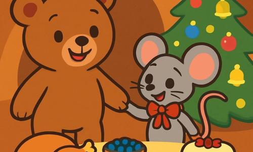 Mały miś pluszowy, o imieniu Misio, z miękkim brązowym futerkiem i błyszczącymi oczami radości, stoi przed pięknym stołem udekorowanym świątecznymi potrawami, z szerokim uśmiechem na twarzy. Obok niego stoi mała szara myszka, z dużymi uszami i czerwoną kokardką na szyi, która z zachwytem patrzy na dania, jej oczy lśnią szczęściem. Scena rozgrywa się w przytulnej jaskini, oświetlonej migoczącymi światełkami i ozdobionej piękną choinką, pokrytą kolorowymi bombkami i złotymi dzwoneczkami, które delikatnie dzwonią. W centrum obrazka, Misio i Myszka trzymają się za ręce, gotowi dzielić się magicznym momentem Bożego Narodzenia, otoczeni świąteczną i ciepłą atmosferą ich radosnej celebracji.