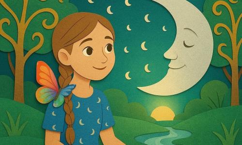 Amélia, menina de aproximadamente 12 anos, sentada de pernas cruzadas ao centro, rosto suave e sorridente, olhos grandes, cabelo castanho claro em tranças, veste um vestido azul com pequenas luas; uma lua prateada personificada desce perto dela, redonda e luminosa acima da sua palma, e uma pequena borboleta colorida pousa no seu ombro; cenário: uma clareira do 