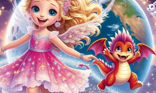A princesa Lila, uma menina de cerca de 10 anos, com cabelos dourados brilhantes como o sol e olhos azuis cintilantes, voa alegremente pelo ar, com um grande sorriso no rosto. Ela usa um vestido rosa cintilante adornado com pequenas estrelas, flutuando ao seu redor como nuvens. Ao seu lado, seu melhor amigo, Fogo, um pequeno dragão vermelho vivo, com escamas brilhantes e olhos travessos, bate as asas com entusiasmo, rindo enquanto tenta alcançá-la. A cena se passa na superfície iluminada da Lua, onde coelhos lunares de grandes orelhas e pelagens prateadas dançam alegremente ao redor deles, acrescentando um toque de magia à atmosfera. O céu está salpicado de estrelas cintilantes, e a Terra, ao fundo, brilha como uma joia na escuridão. Lila e Fogo se divertem dançando e rodopiando juntos, cercados por bolhas coloridas que flutuam ao seu redor, criando uma atmosfera de festa e alegria.
