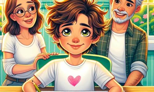 Pedro, um menino de 8 anos com cabelos castanhos bagunçados e olhos brilhantes, está sentado a uma mesa de madeira em uma cozinha iluminada, seu rosto expressando uma leve tristeza misturada com esperança. Ele segura um grande desenho colorido representando sua família, com corações ao redor. Sua mãe, uma mulher de cabelos castanhos e óculos, está ao seu lado, olhando para o desenho com um sorriso suave e reconfortante, seus olhos brilhando de amor e compreensão. Seu pai, um homem de cabelo curto e barba bem feita, está sentado em frente a Pedro, exibindo uma expressão de orgulho e encorajamento, pronto para ouvir seu filho. A cozinha é acolhedora, com paredes pintadas de amarelo pastel, uma grande janela deixando entrar a luz do sol, e plantas verdes na janela. Na mesa, lápis de cor estão espalhados ao redor do desenho, acrescentando um toque de criatividade ao ambiente. A cena principal mostra Pedro compartilhando suas emoções através de seu desenho, cercado por seus pais que o ouvem atentamente, criando um momento de conexão e amor familiar apesar da separação.