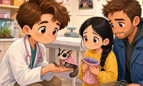 A gentle, smiling veterinarian named Milo, round-faced with short brown hair, wearing a slightly oversized white coat and a pink stethoscope, is crouched and calming Maple, a small gray sugar glider with bright eyes and a pink nose wrapped in a little fabric cape, while 12-year-old Nia, with black braided hair and a worried-but-relieved expression in a yellow sweatshirt, holds an open fabric pouch and stands to Milo’s right, and a tired-but-reassured father in a blue coat stands nearby holding a small metal carrier on the floor; the warm, bright exam room has a white exam table, colorful exotic animal posters, labeled shelves, soft lamps, a small scale and aquarium, and Milo is gently checking Maple’s weight and hydration as Nia watches anxiously but comforted.