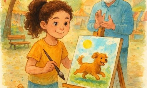 Niña de unos 12 años, rostro redondo, cabello castaño rizado en coleta, ojos brillantes y sonrisa tímida; sostiene un gran pincel en la mano derecha y ajusta un caballete de madera con la izquierda. Junto a sus pies, Max, un perro pequeño de pelaje rojizo ondulado, mueve la cola y corre alrededor del caballete. A unos pasos, un hombre de unos 65 años con barba blanca corta sonríe y aplaude suavemente señalando el cuadro para animarla. En la plaza del pueblo empedrada, bajo un árbol sombreado y con puestos y guirnaldas, el suelo tiene manchas de pintura y hojas caídas. Escena principal: la niña coloca en el caballete un cuadro de Max corriendo en el parque, rodeado de colores vivos (azul cielo, amarillo sol, verde hierba), con luz suave de tarde y salpicaduras de acuarela que transmiten movimiento y alegría.