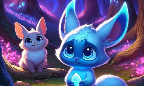 Un joven Luminis de pelaje azul brillante, con grandes orejas puntiagudas y ojos llenos de curiosidad, se encuentra en el centro de la imagen, con una expresión inquieta pero decidida, sosteniendo una piedra azul brillante en sus pequeñas patas. A su derecha, su mejor amiga, una Luminis de pelaje rosa suave, con ojos redondos y una sonrisa alentadora, lo observa con una expresión de apoyo, lista para ayudarlo. El escenario es un bosque encantado de la isla Susurrén, donde árboles de troncos retorcidos susurran entre sí y flores luminosas iluminan el suelo con colores vibrantes, creando una atmósfera mágica y cálida. La escena representa el momento en que el joven Luminis se prepara para confesar su pequeño engaño a su madre, rodeado de la belleza de la naturaleza, simbolizando la lucha entre la verdad y la mentira en un entorno encantador.