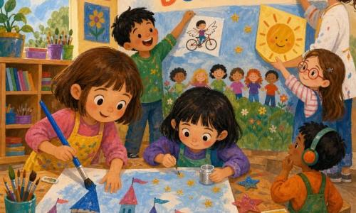 Niños de unos 6 años en una clase luminosa: Luna, pelo castaño a la altura del cuello, sonriente, pinta torres de un castillo con un gran pincel azul; Alba, pelo corto y mirada tímida, añade estrellas doradas al cielo con pintura plateada; Pedro, pelo negro, ríe y muestra una bicicleta voladora dibujada en un rincón; Lucía, piel clara y pelo largo, con gafas de dibujo pega sus trabajos en la pared; Diego, piel morena y con protectores auditivos coloridos, observa el mural; la maestra Carmen, pelo recogido y sonriente, escribe en letras grandes el título del mural: LAS DIFERENCIAS BONITAS. Situación principal: Luna y Alba pintan juntas un castillo bajo una lluvia de estrellas, gestos cómplices, colores vivos (azul, lila, dorado), textura de gouache y ambiente cálido y alegre de creatividad colectiva.