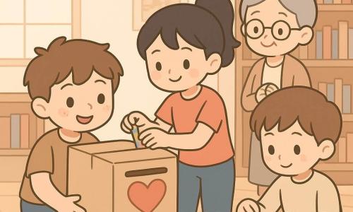 Un niño de 12 años, Iván, sonriente y concentrado, rostro redondo con ligeras pecas y pelo castaño despeinado, agachado junto a una mesa sosteniendo una gran caja de cartón convertida en buzón decorado; una niña de 12 años, Nora, con pelo negro en coleta alta y mirada traviesa pero amable, arregla la ranura del buzón con cinta colorida, ligeramente inclinada hacia Iván; un niño de 12 años, Dani, castaño y tímido pero concentrado, sentado trenzando pequeñas pulseras de hilo junto a una pila de tarjetas; la señora Elvira, de unos 60 años, con el pelo gris recogido y gafas redondas, los observa con orgullo desde el fondo; lugar: biblioteca escolar cálida con estanterías de madera clara, luz suave de una gran ventana, alfombra azul con estrellas y guirnaldas de corazones; situación: preparan un rincón de dulzura para San Valentín con decoraciones rojas y rosas, buzón con cascabel, tarjetas apiladas y pulseras, en un ambiente colaborativo y esperanzador.
