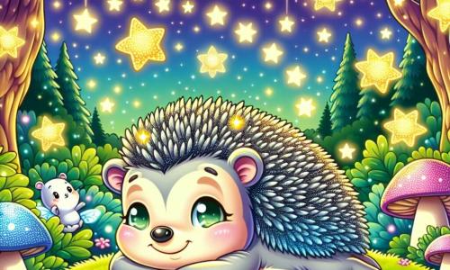 Un pequeño erizo llamado Nico, con una piel gris plateada y ojos brillantes como estrellas, está acostado sobre una alfombra de musgo verde, con una sonrisa pacífica en su rostro. Respira profundamente, rodeado de luciérnagas centelleantes que bailan a su alrededor, creando una atmósfera mágica y serena. Cerca, una dulce estrella llamada Stella, con forma estrellada y ojos chispeantes, flota en el aire, emitiendo una luz dorada y reconfortante. Sonríe tiernamente a Nico, ofreciéndole palabras tranquilizadoras. El lugar es un bosque encantado, bañado por la luz de la luna, con árboles majestuosos de hojas brillantes y un cielo estrellado que brilla. Flores coloridas y hongos luminosos salpican el suelo, añadiendo a la magia de la escena. Nico se relaja profundamente, respirando el aire fresco y perfumado, mientras las luciérnagas iluminan su camino hacia un sueño pacífico, creando una atmósfera de zen y bienestar.