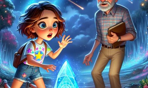 En el centro de la imagen, una niña de 11 años, llamada Sofía, con cabello castaño ondulado y ojos llenos de curiosidad, se muestra maravillada ante un artefacto misterioso que brilla con una luz azul. Lleva una camiseta colorida con estampados de estrellas y un short de mezclilla, con las manos extendidas hacia el objeto, mostrando una expresión de sorpresa y emoción. Junto a ella, el profesor Galileo, un hombre de 60 años con gafas redondas y barba blanca, observa atentamente el artefacto. Viste una camisa de cuadros y pantalones beige, sosteniendo un cuaderno de notas en una mano, mientras que la otra está levantada, como si estuviera a punto de explicar algo importante. El escenario se sitúa en el planeta Luminaris, un mundo encantador con paisajes de ensueño, árboles luminosos de colores vivos y océanos brillantes bajo un cielo estrellado. La situación principal muestra a Sofía y al profesor Galileo descubriendo juntos el misterioso artefacto luminoso, que emite pulsaciones de luz, rodeados de la belleza resplandeciente de Luminaris, simbolizando la aventura y el descubrimiento intergaláctico.