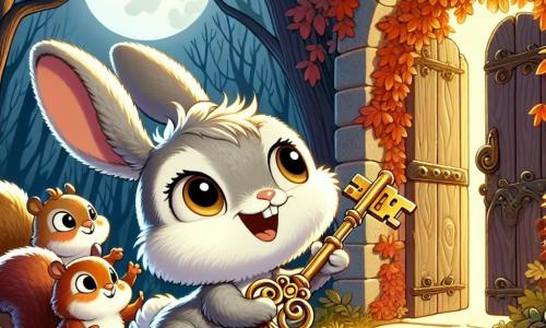 Ein kleiner Hase mit großen Ohren, weichem grauen Fell und glänzenden Augen, zeigt große Freude, während er einen alten goldenen Schlüssel in seinen Pfoten hält, vor einer alten Holztür, die mit Efeu geschmückt ist. Neben ihm hüpfen zwei Eichhörnchen mit buschigen Schwänzen, eines braun und das andere rot, neugierig und aufgeregt, bereit zu entdecken, was sich hinter der Tür verbirgt. Die Szene spielt in einem verzauberten Wald, wo Bäume mit goldenen und roten Blättern eine magische Atmosphäre schaffen, während der Mond sanft den Weg beleuchtet. Der Hauptmoment zeigt den kleinen Hasen und seine Freunde, die ungeduldig und etwas nervös sind, bereit, die geheimnisvolle Tür der alten Hütte zu öffnen, voller Abenteuer und Halloween-Geheimnisse.