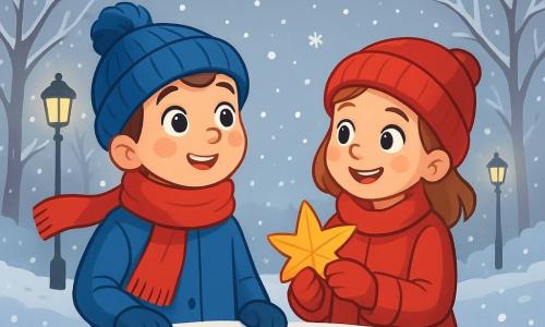 Un ragazzo di 8 anni, di nome Luca, si trova sul bordo di un ponte, con le guance arrossate dal freddo. Indossa un cappotto blu brillante, un berretto di lana blu con un pompon e una sciarpa rossa che fluttua leggermente nel vento. Il suo sguardo è meravigliato e curioso, gli occhi brillano di eccitazione mentre osserva i fiocchi di neve cadere dolcemente intorno a lui. Accanto a lui, la sua migliore amica Sofia, una ragazza di 8 anni, indossa un cappotto rosso acceso e un berretto abbinato. Sorride gioiosamente, tenendo in mano una foglia a forma di stella, pronta a mostrarla a Luca. Il contesto è un parco invernale, con alberi spogli le cui branche brillano di brina, e un cielo grigio chiaro dove i fiocchi di neve danzano nell'aria. Il terreno è coperto da uno spesso strato di neve immacolata, e i lampioni diffondono una luce dorata che illumina la scena. La situazione principale mostra Luca e Sofia meravigliati dalla bellezza dell'inverno, godendo di un momento di gioia e amicizia, circondati dalla magia dei fiocchi di neve che cadono dolcemente.