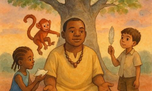 Un uomo adulto, Samba, sereno e determinato, volto rotondo, pelle bruna, capelli corti neri, veste una tunica ocra e una collana di semi di baobab; seduto con le palme sulle ginocchia guarda un grande baobab antico dalle radici nodose e corteccia grigio-bruna; una piccola scimmia rossiccia vivace è sulla sua spalla destra facendo una piroetta; una bambina di circa 7 anni con capelli intrecciati e semplice vestito blu è inginocchiata a sinistra tenendo una conchiglia bianca; un ragazzo di circa 9 anni in pantaloncini marroni e camicia leggera sta a destra offrendo una piuma brillante e lo guarda ammirato; terreno di polvere rosso scuro, poche pietre e piccole offerte alla base; crepuscolo con cielo arancione e viola, luce calda radente, atmosfera solenne e speranzosa; stile acquerello morbido con lavaggi trasparenti, pigmenti caldi, spruzzi controllati per polvere e cielo, contorni leggermente abbozzati, composizione centrata su Samba e il baobab.